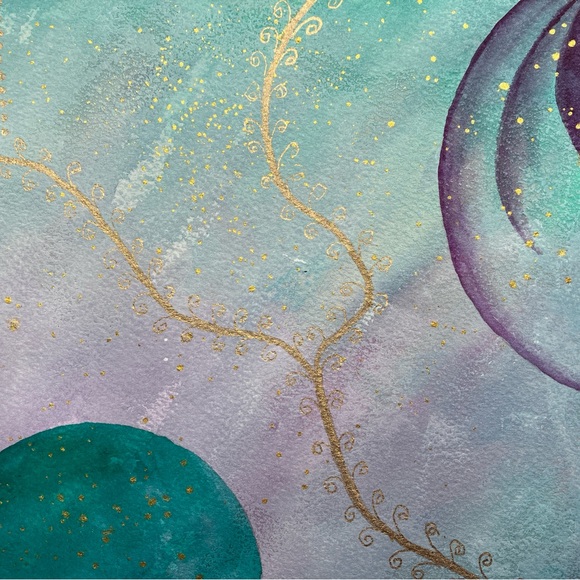 Abstract Original Watercolor Gold Leaf Floral Green & Purple Painting, 9x12 - Picture 9 of 13